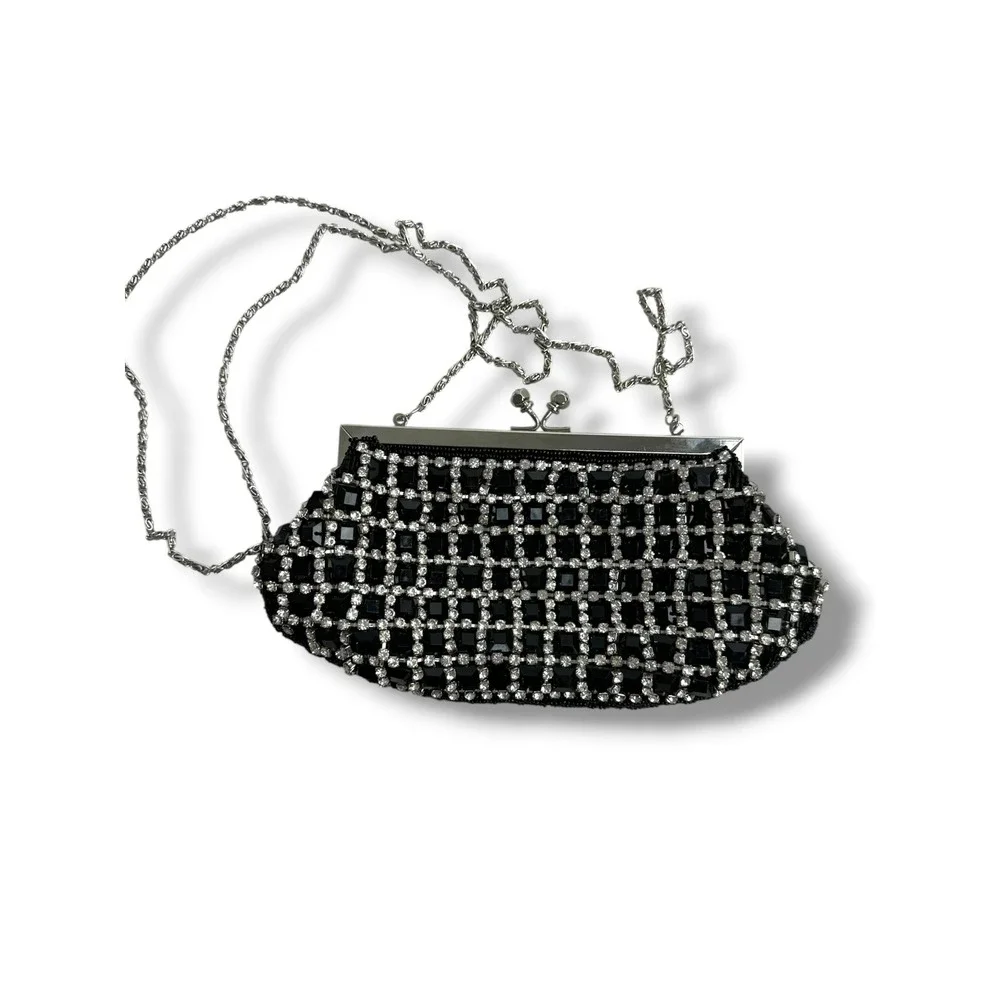 Unbranded Evening Clutch Women OS Black Rhinestone Beaded Kiss Lock